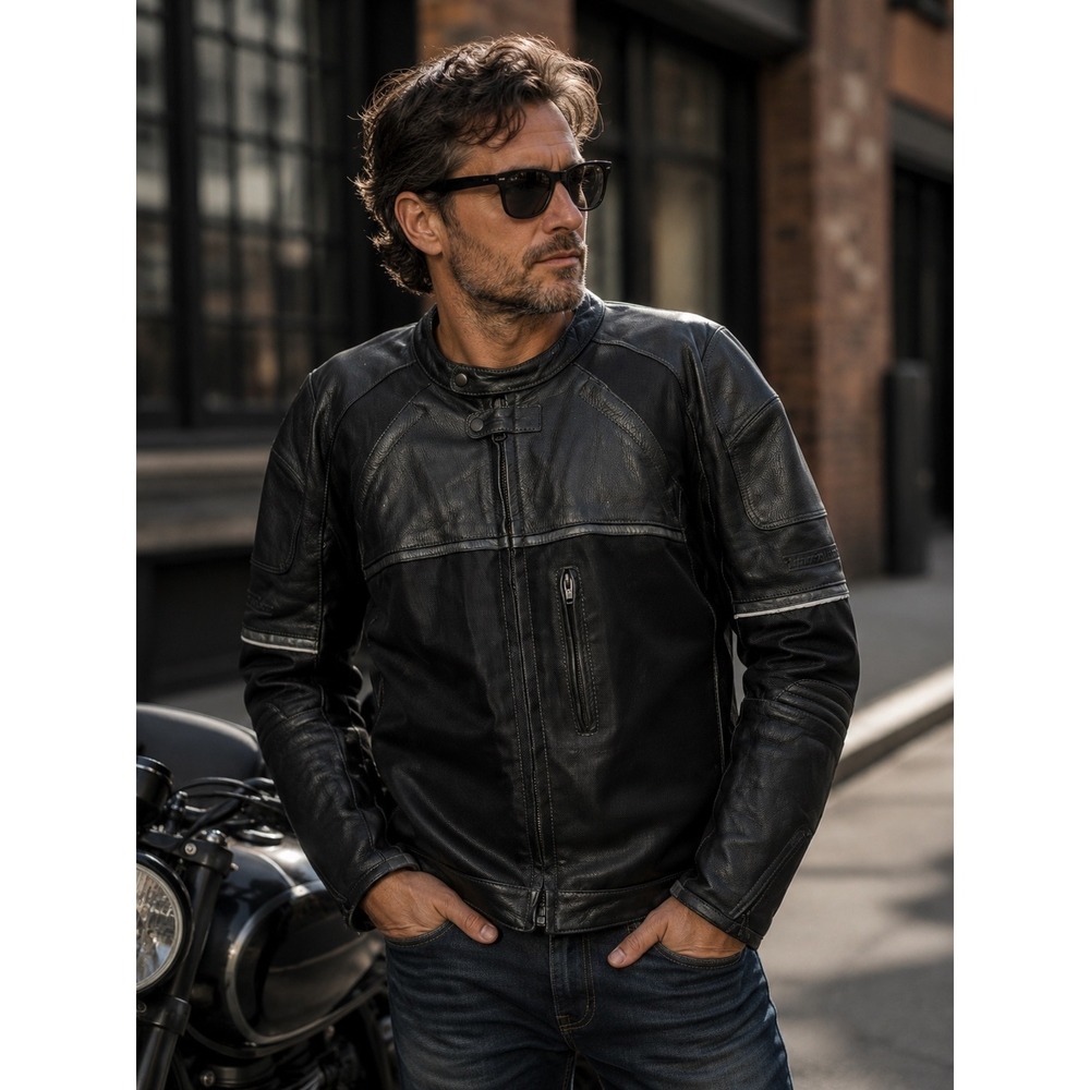First Racing Mens Black Leather Mesh Motorcycle Jacket XXL Cafe Racer Moto